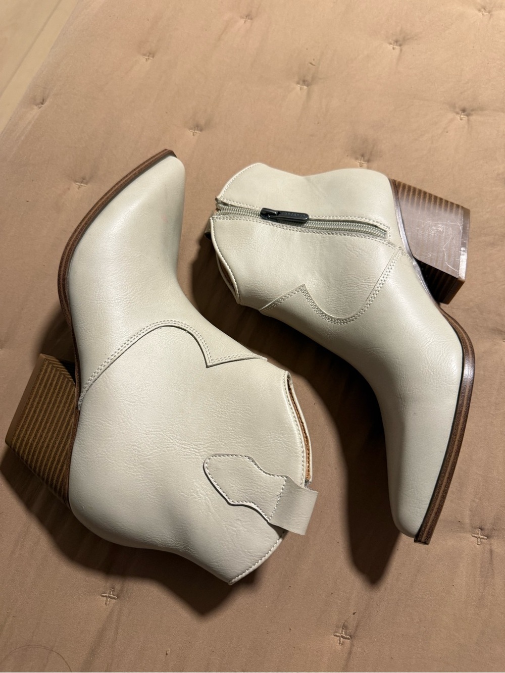 Indigo Cream Ankle Booties with Stacked Wood Heel